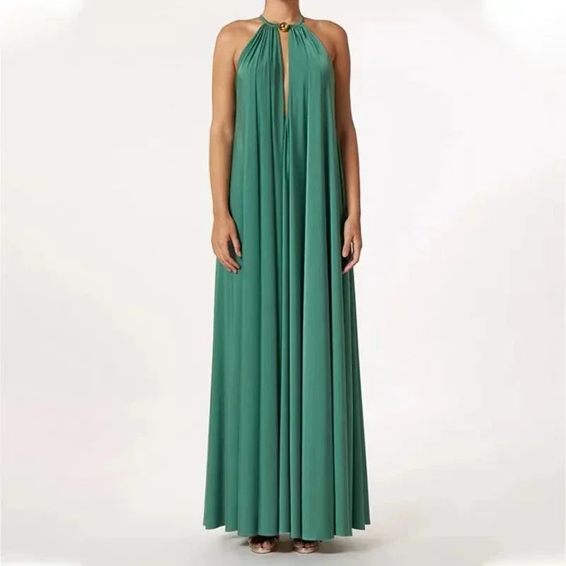 Aiertu  -  Solid Color Halter Long Dress Women's Swimwear Summer Elegant Bikini Suit Cutout Sleeveless Vacation Luxury Beach Swimsuits Aiertu