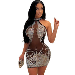 Aiertu Sylph Summer Eveing Dresses Sleeveless New Women Clothes Sexy Tight Mesh Hot Drill Perspective Nightclub Mini Drss Vestidos Aiertu