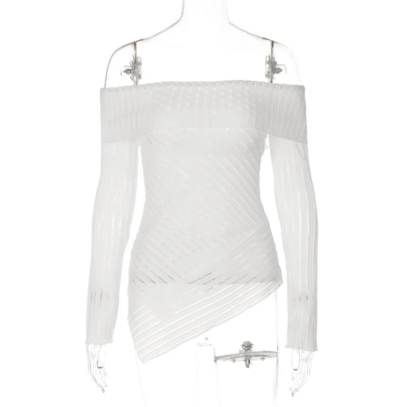 Aiertu  -  Knitted Top White T-shirt Women Long Sleeve Top Tee Shirt Femme Off Shoulder Sheer T-shirts Autumn Fall Striped Sexy T-shirt Aiertu
