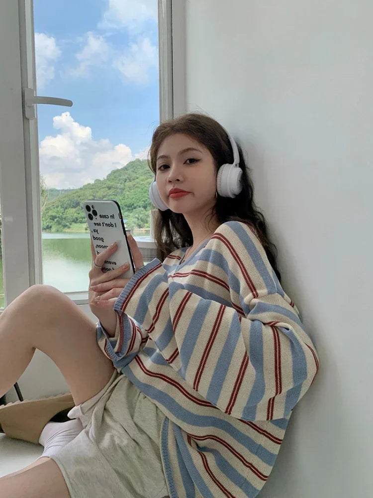 Aiertu  -  Harajuku Striped Knitwear T-Shirt V-neck Long Sleeve Contrast Color Tee Oversized Streetwear Korean Style Spring Clothes Aiertu