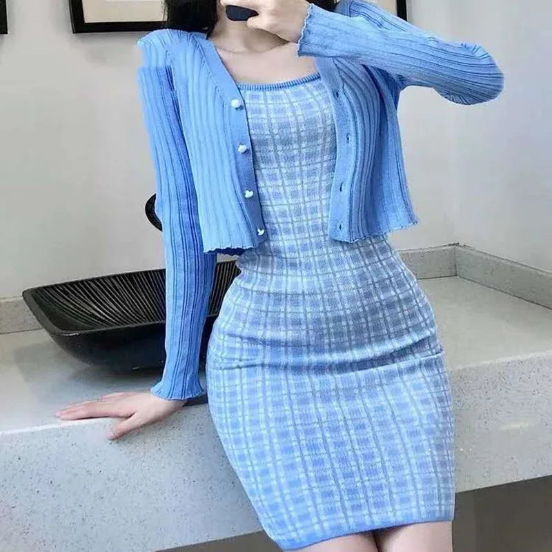 Aiertu  -  Sweet Hot Girl Knitted Suit Women's Autumn Long-sleeved Cardigan Plaid Strap Wrap Hip Dress Two-piece Set Fashion Female Clothes Aiertu