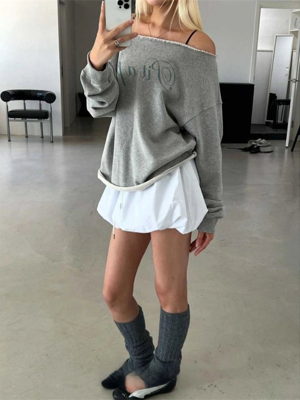 Aiertu  -  Spice Girls Streetwear Casual Letter Printed Slanted Shoulder Long Sleeved Sweatshirt + Slim Fit Pumpkin Skirt 2 Pcs Women Suits Aiertu