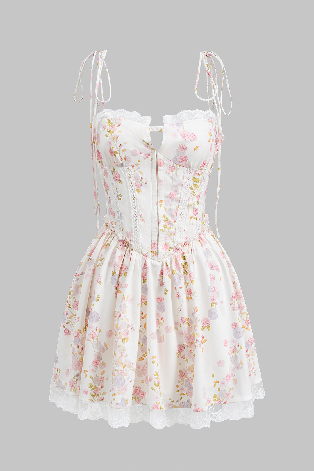 Aiertu  -Floral Print Ruched Tie Up Zipper Corset Slip Mini Dress aiertu
