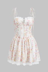 Aiertu  -Floral Print Ruched Tie Up Zipper Corset Slip Mini Dress aiertu
