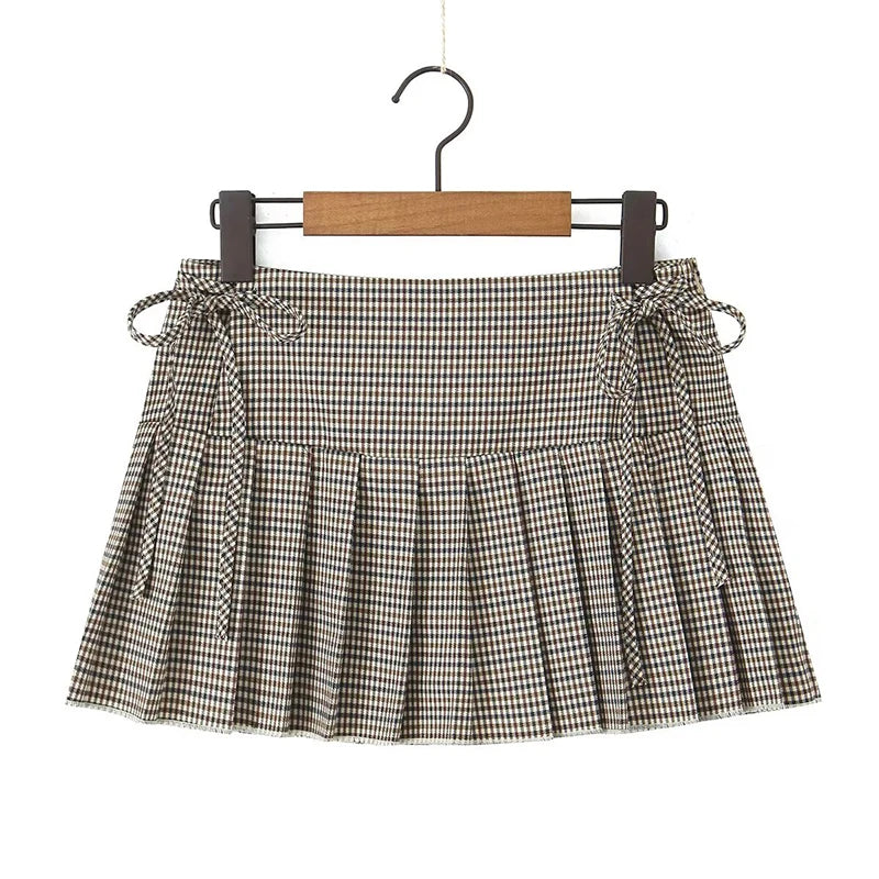 Aiertu  -  Cool Girl Side Zipper With Tie Pleated Mini Skirt Sexy Low Waist American Retro Women Skirts With  Shorts Lining Aiertu