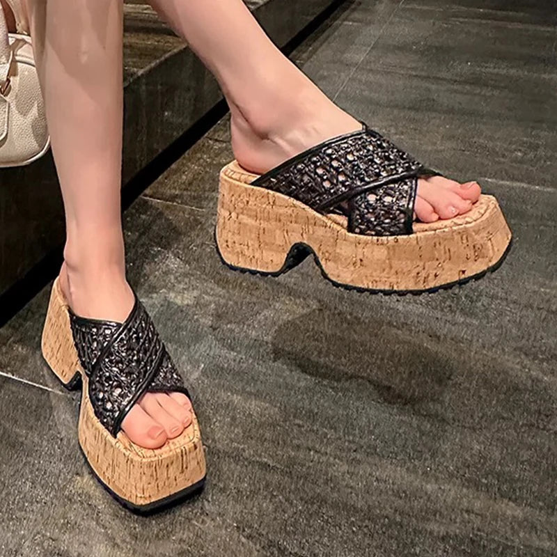 Aiertu  -  Mesh Women Slippers Platform High Heels Sandals Square Toe Shoes Summer Brand Beach Shoes Elegant Dress Pumps Mujer Slides Aiertu