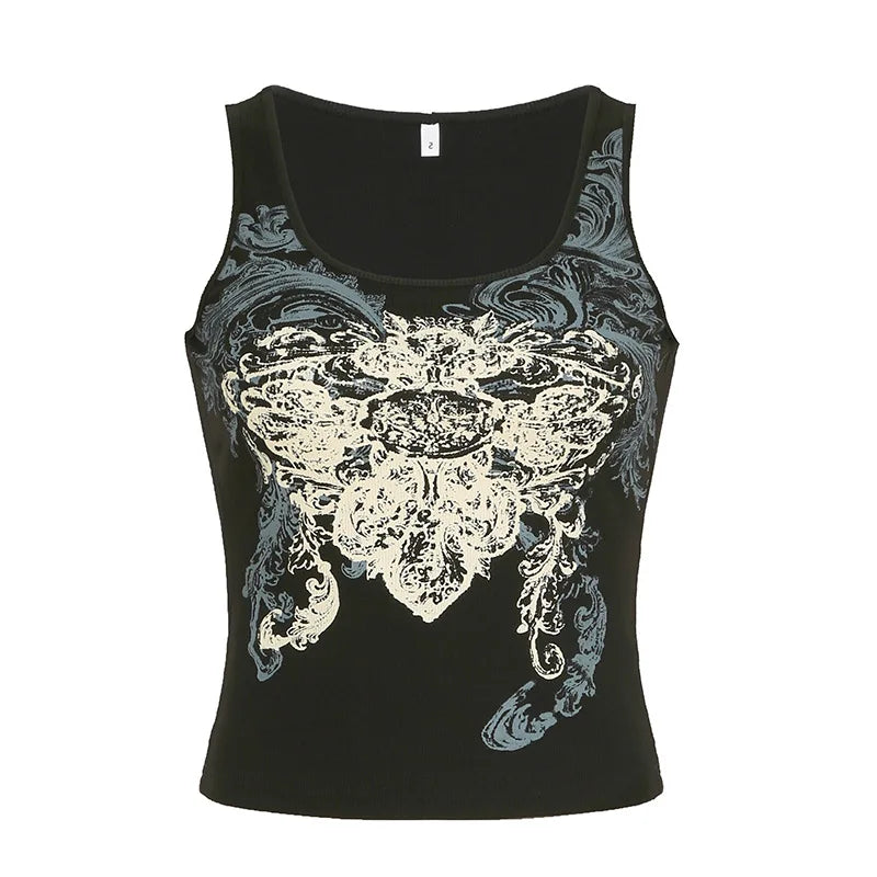 Aiertu  -  Dark style retro printed vest top round neck slim pullover sleeveless knitted top for women summer Aiertu