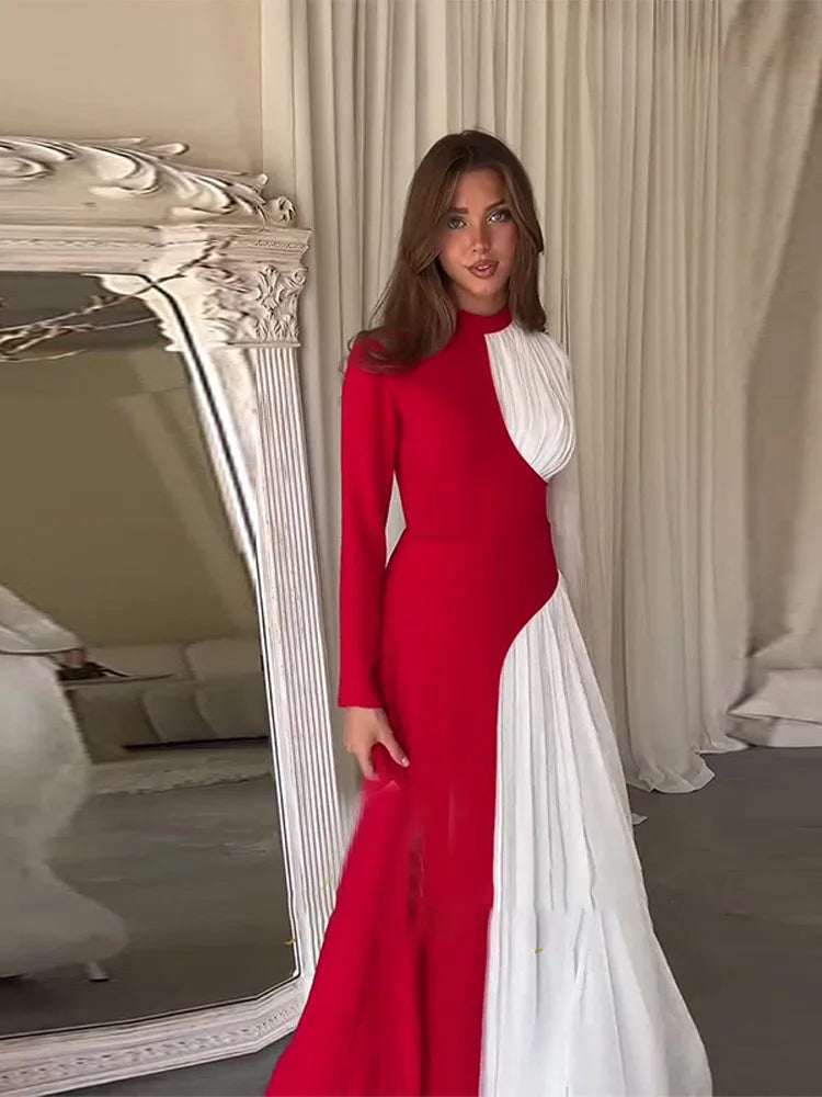 Aiertu  -  Fashion Patchwork Pleated Long Sleeve Dress Women Fashion Half High Collar Evening Dresses 2026 Autumn New Lady Party Long Robes Aiertu