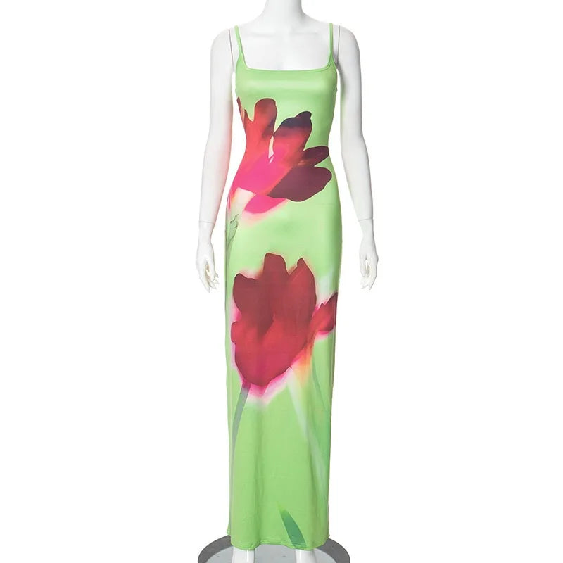 Aiertu  -   Square Neck Spaghetti Strap Sleeveless Backless Floral Print Split Maxi Dress Summer Sweet Elegant Celebrity Vestidos Aiertu