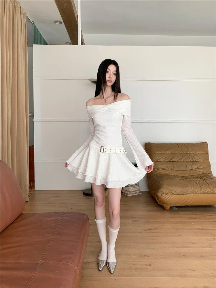 Aiertu  -  Belted Textured Knit Mini Dress Women Solid White Off Shoulder Flare Sleeve Frill Trim One-piece Casual Autumn Clothes Aiertu