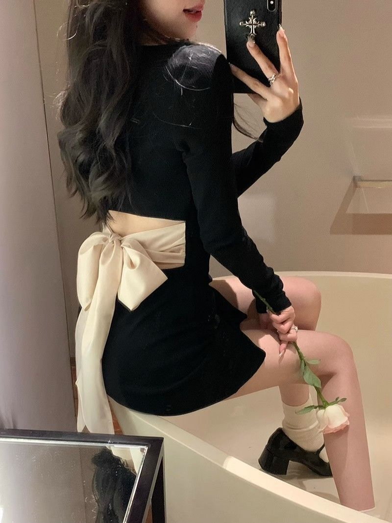 Aiertu  Off Shoulder Woman Long Sleeve Dress Black Short Bow Birthday Mini Dresses for Women Autumn and Winter New in Elegant Beautiful Aiertu