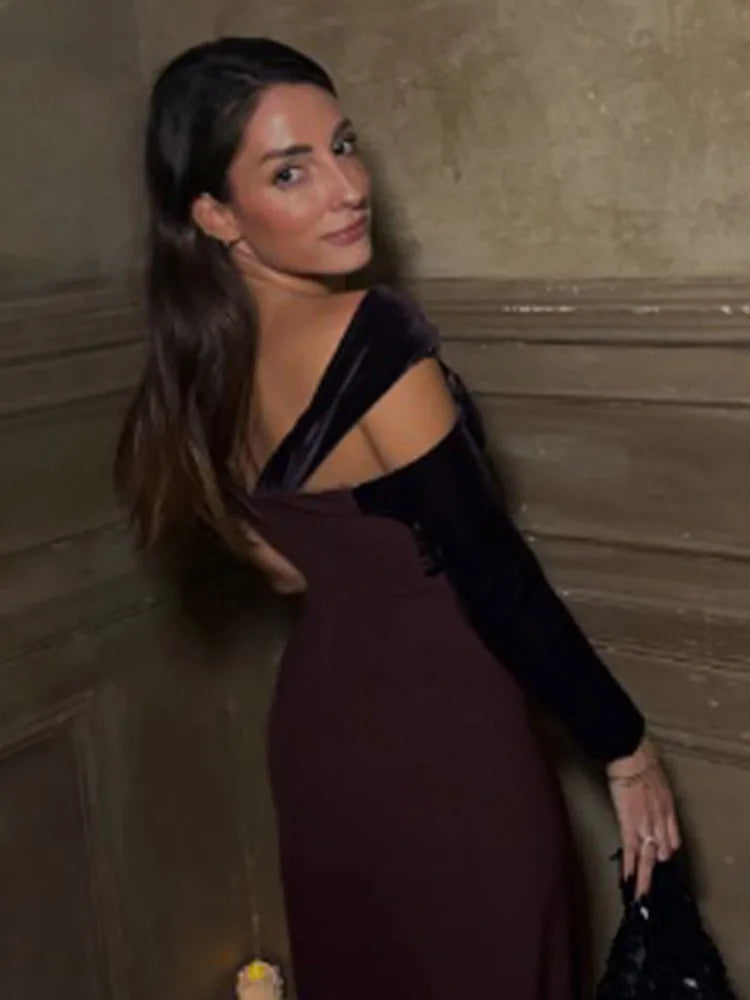 Aiertu  -  Sexy Burgundy Cross Collar Single Shoulder Sleeve Dress Elegant Slim Backless Slit Long Vestidos Lady Chic Evening Party Robes Aiertu