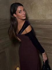 Aiertu  -  Sexy Burgundy Cross Collar Single Shoulder Sleeve Dress Elegant Slim Backless Slit Long Vestidos Lady Chic Evening Party Robes Aiertu