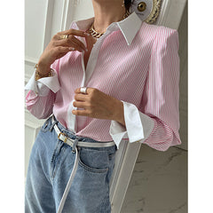Aiertu Elegant Striped Shirts Women Korean Patchwork Long Sleeve Blouses Office Ladies Fashion Black Pink Casual All Match Tops Aiertu
