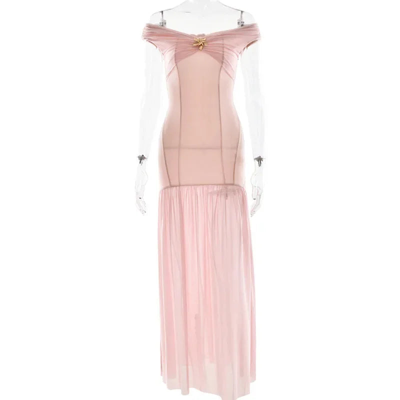 Aiertu  -  Elegant Slash Neck Pleated Mesh Patchwork Dress Women Fold Sleeveless Backless Chic Summer 2025 Robe Slim Sexy Party Dresses Aiertu