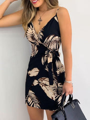Aiertu Tropical Print V-Neck Wrap Casual Dress Women Sleeveless Summer Holiday Mini Dress Aiertu
