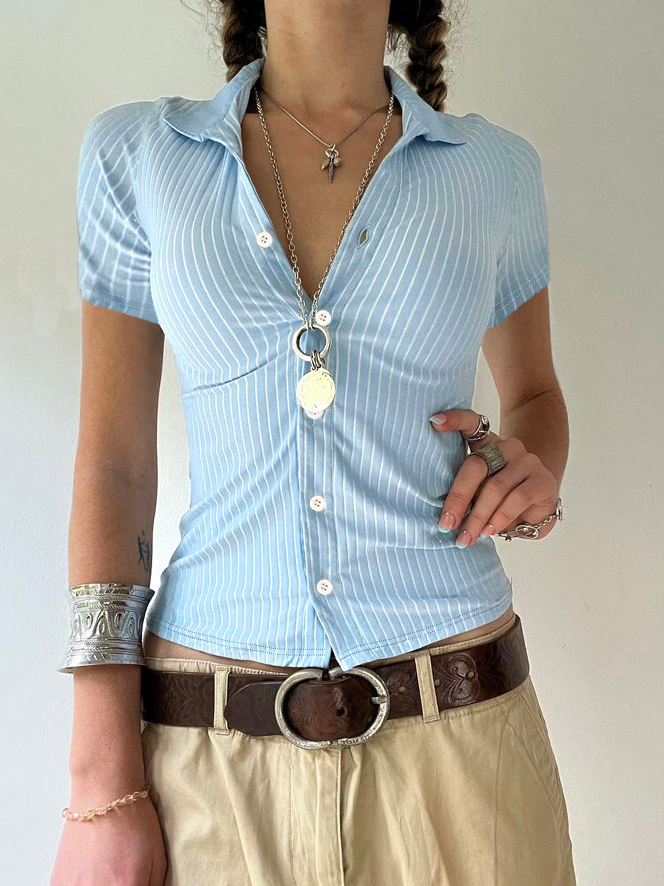 Aiertu - summer inspo Hot Blue Stripe Short Sleeve Shirts For Women Button Up Turn Down Collar Slim Simple Casual Preppy Tops Basic Summer Tees Aiertu