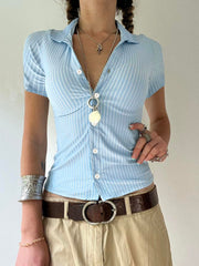 Aiertu - summer inspo Hot Blue Stripe Short Sleeve Shirts For Women Button Up Turn Down Collar Slim Simple Casual Preppy Tops Basic Summer Tees Aiertu