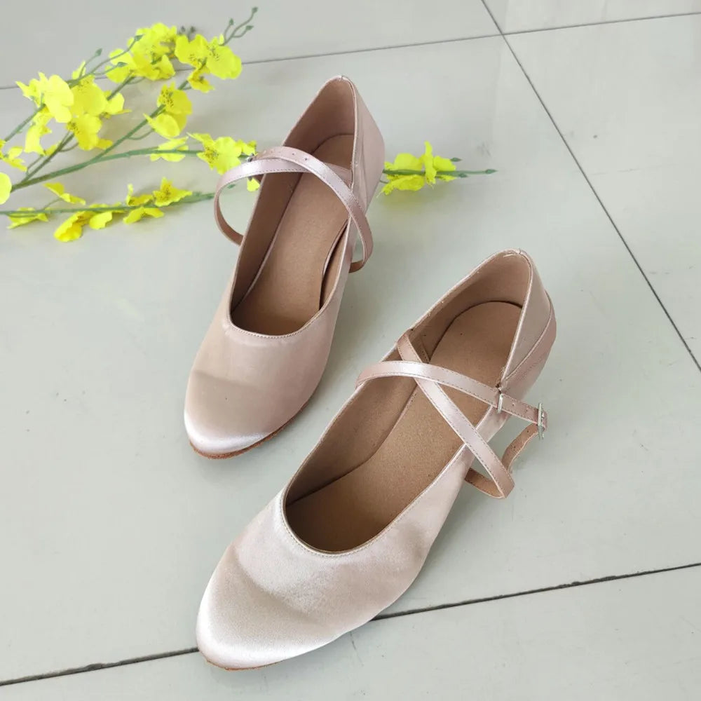 Aiertu  -   Khaki Color Satin With Crystal Comfortable Woman Modern Ballroom Dance Shoes 7.3cm Heel Evkoo018 customize shoe Aiertu