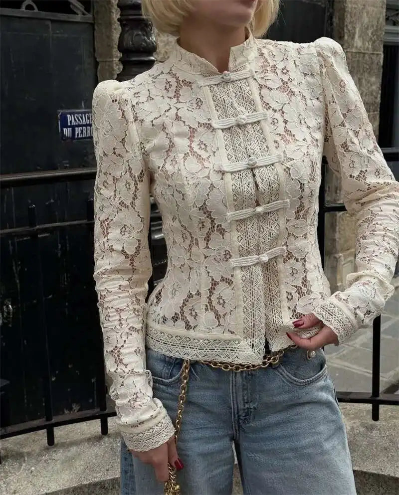 Aiertu  -  Long Sleeve Lace Elegant Shirt Women Top Autumn Stand Collar Single-breasted Slim Temperament See Through Shirts Aiertu