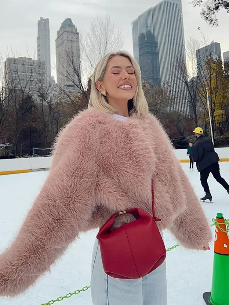 Aiertu  -  Luxury Faux Fur Short Jacket Fashion 2026 Women Autumn Winter Warm Long Sleeve Coat Elegant Female Commute Cardigan Outwear Aiertu