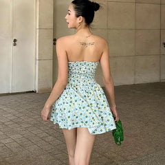 Aiertu  -  One-Shoulder Slim Strapless Print Dress For Women High Waisted Sleeveless Backless Fashion Sweet Summer New Ruched Dress Aiertu