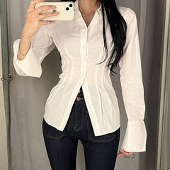 Aiertu Y2K Women Slim Blouses Office Lady Fashion Long Sleeve Folds Chic Shirt Vintage Streetwear Korean Sexy Skinny Casual Tops Aiertu