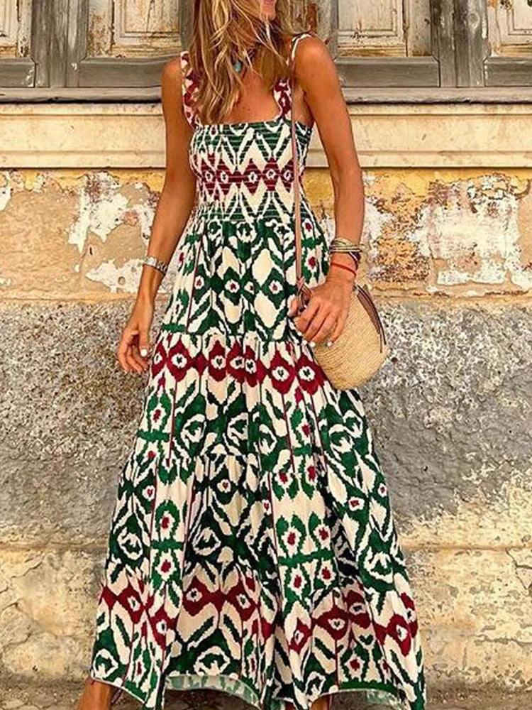 Aiertu  -  Women's Fashion Retro Loose Print Sling Dress Summer Bohemia Style Beach Seaside Maxi Dress Elegant Chic New Pattern Long Dress Aiertu