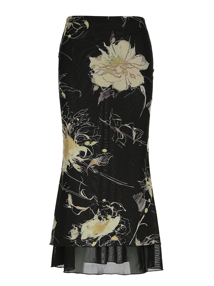 Aiertu - summer inspo Floral Print Two Layers Mesh Long Skirts For Women Vintage Elagant Fashion Low Waist Y2K Mermaid Skirt Vacation Aiertu