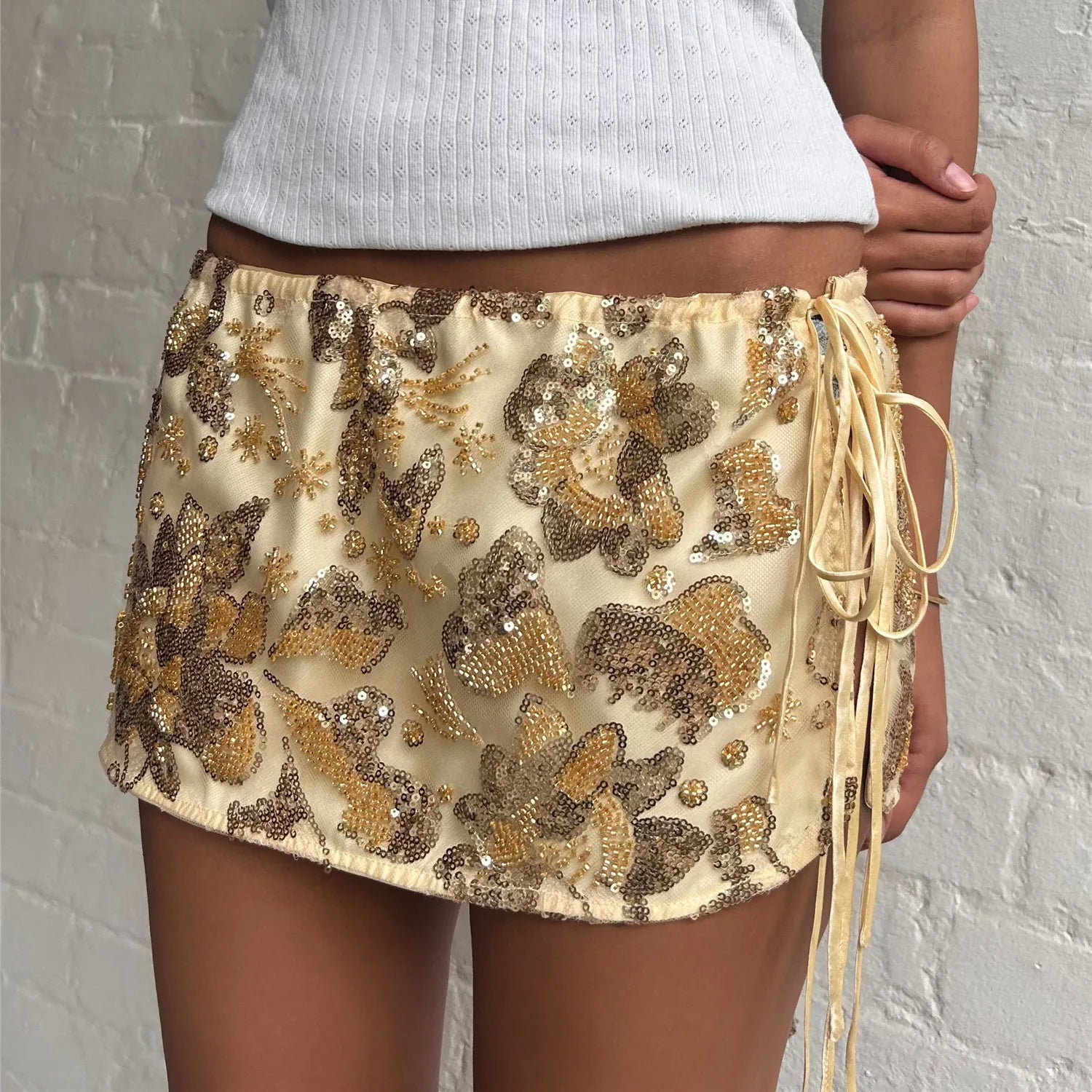 Aiertu  -  Sequin Bead Print Women's Mini Skirt Lace Up Flower Slim Short Straight Skirt Summer Beach Vacation Female's Skirts Aiertu