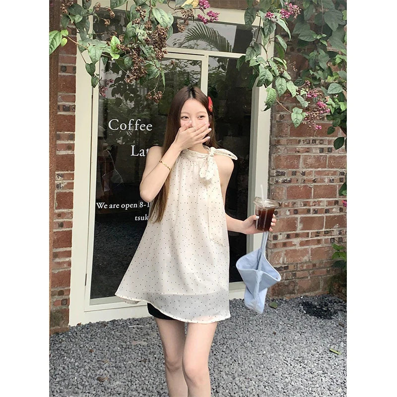 Aiertu Sweet Dot Shirts Women Elegant Bow Bandage Blouses Vintage Halter Print Tops Summer Korean Sleeveless Casual Clothes New Aiertu