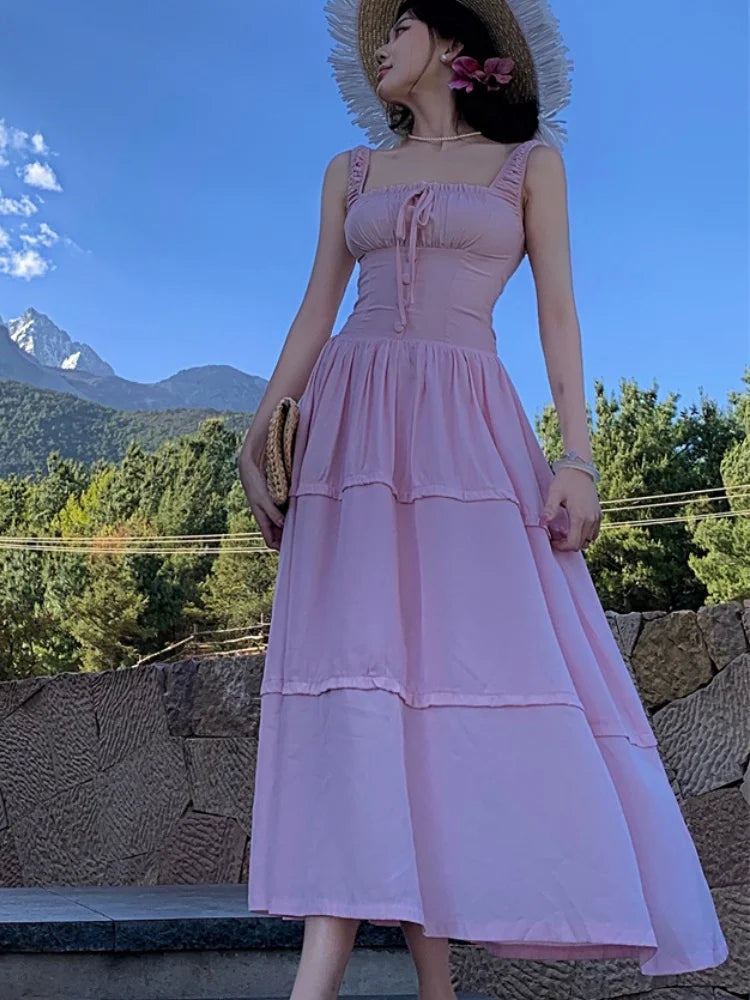 Aiertu  -  French Pink Womens Dresses Elegant Sweet Square Collar Sleeveless Lace-up Casual Vestidos Holiday Birthday Party Midi Dress New Aiertu