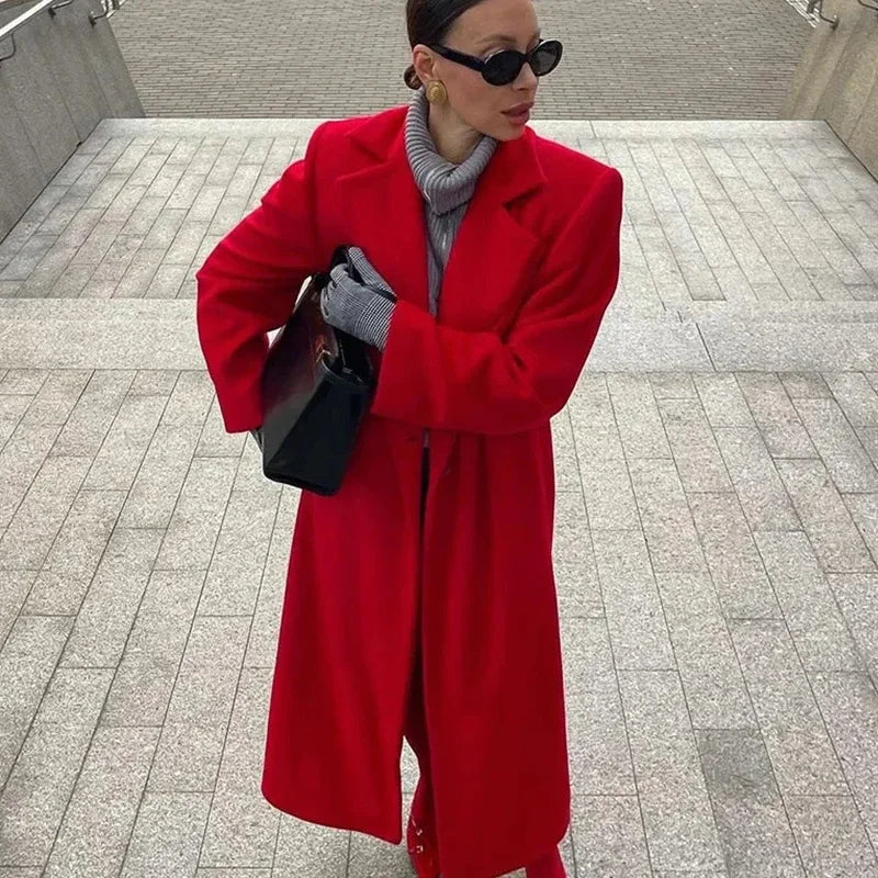Aiertu     -  Fall Outfits 2026 Red Woolen Long Coats Women Elegant Lapel Full Sleeve Single Button Loose Tops 2026 Autumn New Lady Solid High Street Outwear Aiertu