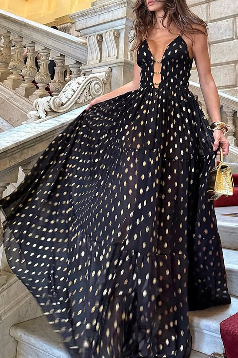 Aiertu  -Sexy Polka Dot Contrast V Neck Long Dresses aiertu