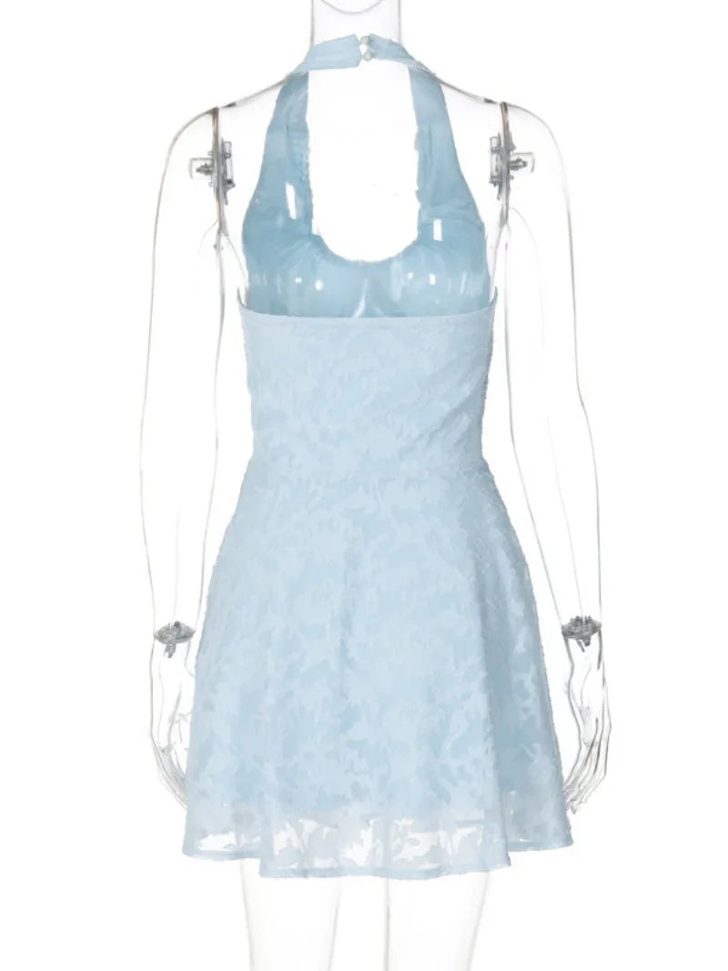 Aiertu  -  Woman Clothes Sexy Halter Neck Backless Floral Zip-up Blue Short Dress Female Summer Lace-up Tunics A-line Holiday Party Dresses Aiertu