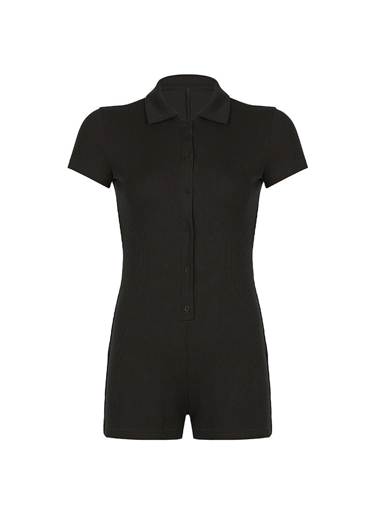 Aiertu - summer inspo Solid Button Up Turn Down Collar Short Sleeve Slim Ribbed Rompers Womens Playsuit Basic Vintage Casual Summer Shirts Aiertu