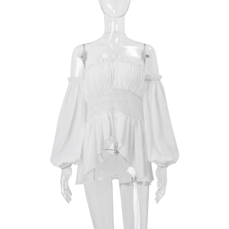 Aiertu  Off Shoulder Ruffles Sexy Lantern Long Sleeve Halter Backless Fashion All-match Crop Tops Y2K Summer Streetwear Blouses Aiertu