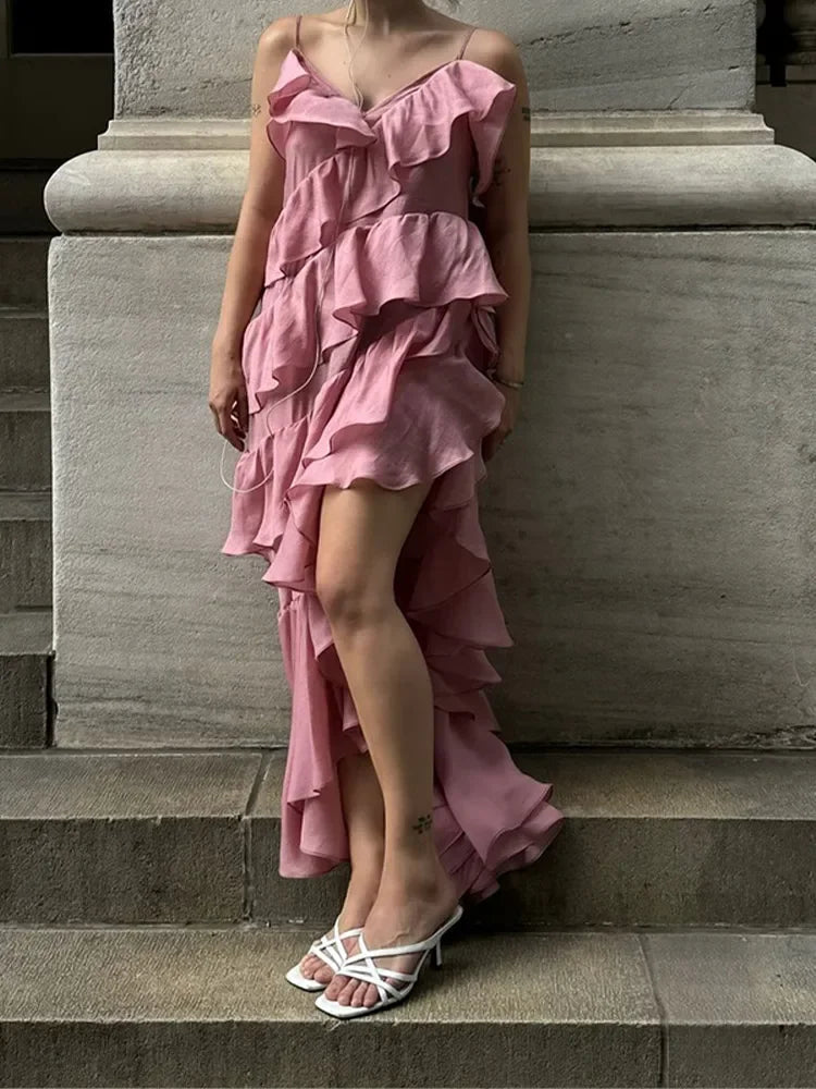 Aiertu  -  Layer Ruffles V Neck Pink Maxi Dress Women Elegant Backless Sleeveless Sling Long Dresses 2026 Chic Lady Party Street Vestidos Aiertu