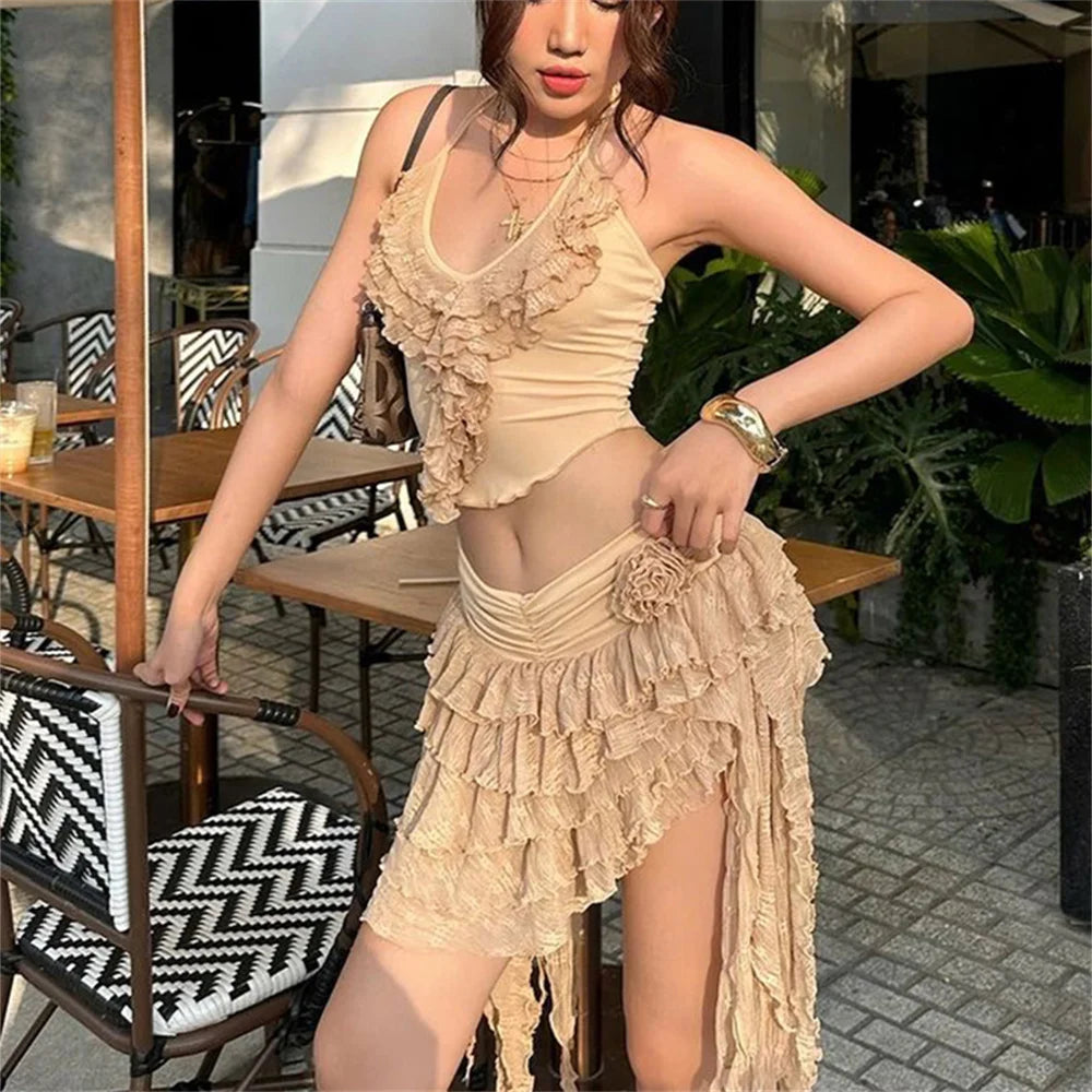 Aiertu  -  2 Piece Set Women Summer Lace-Up Low-Neck Multi-Layered Lace Collarmini Tops+Tassel Skirt Multilayer Irregular Hem Suit Aiertu