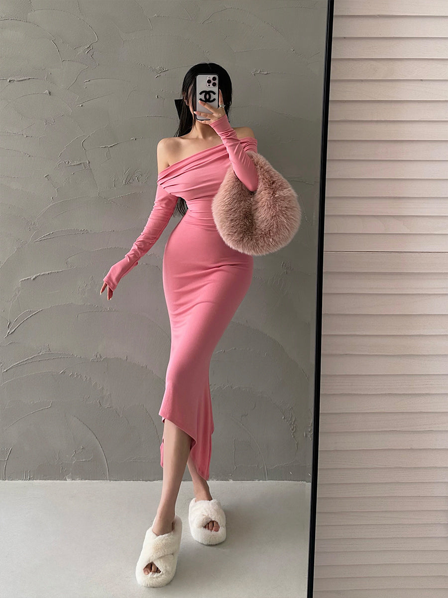 Aiertu Solid Color Slim Off The Shoulder Long Sleeve Dress Aiertu