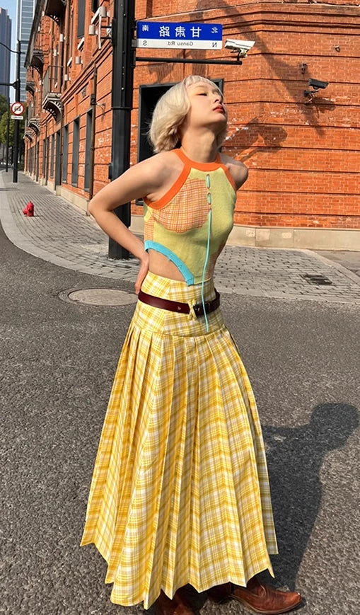 Aiertu  -  Y2k Yellow Checkered Midi Skirt for Women A-line High Waist Pleated Skirt Design Aesthetics Retro Plaid Short Dress Chic Aiertu