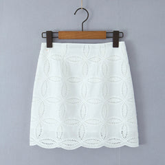Aiertu  -  2 Pieces 1 Set 2025 Sexy Women White Embroidery Hole Loose Short Sleeve Shirt Back Zipper High Waist Package Hips Mini Skirts Aiertu