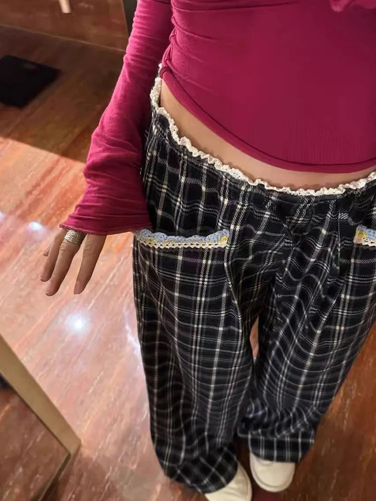 Aiertu  Lace Patchwork Plaid Pants Women Loose Vintage High Waist Trousers Casual Korean Design Female Sweet Wide Leg Pants Spring Aiertu