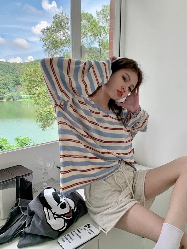 Aiertu  -  Harajuku Striped Knitwear T-Shirt V-neck Long Sleeve Contrast Color Tee Oversized Streetwear Korean Style Spring Clothes Aiertu