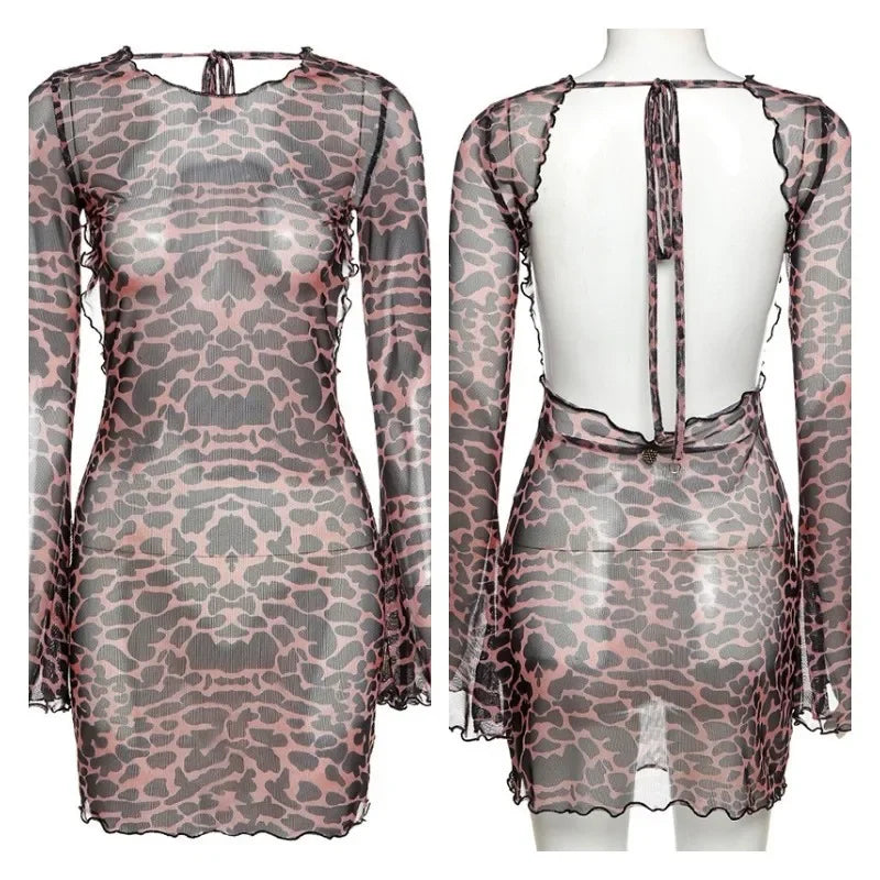 Aiertu Women‘s Summer Mesh Leopard See-throug Tie-up Backless Mini Dress Flare Long Sleeve Beach Vacation Cover-ups Sundress Aiertu