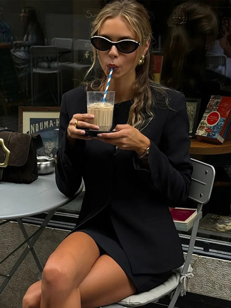 Aiertu  -  Five Button Suit Jacket Coat Short Skirt Set Round Neck Commuting Slim Fit Elegant Outwear Women Overcoat Skirts Formal Attire Aiertu