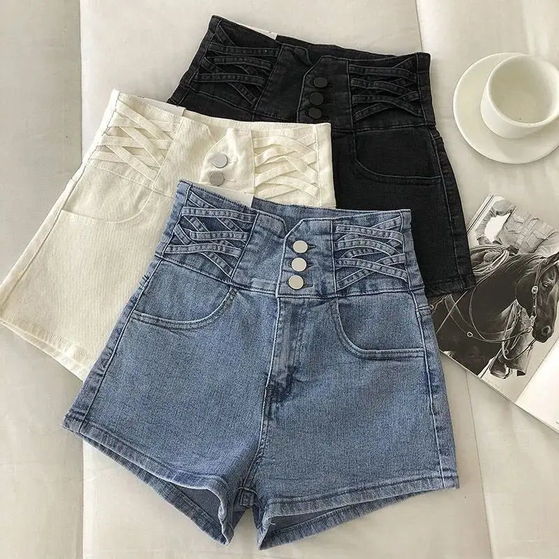 Aiertu  -  Harajuku Goth Light Blue High Waisted Jean Shorts New Loose Wide Leg Pants Fashion Single Breasted A Line Shorts for Women Aiertu