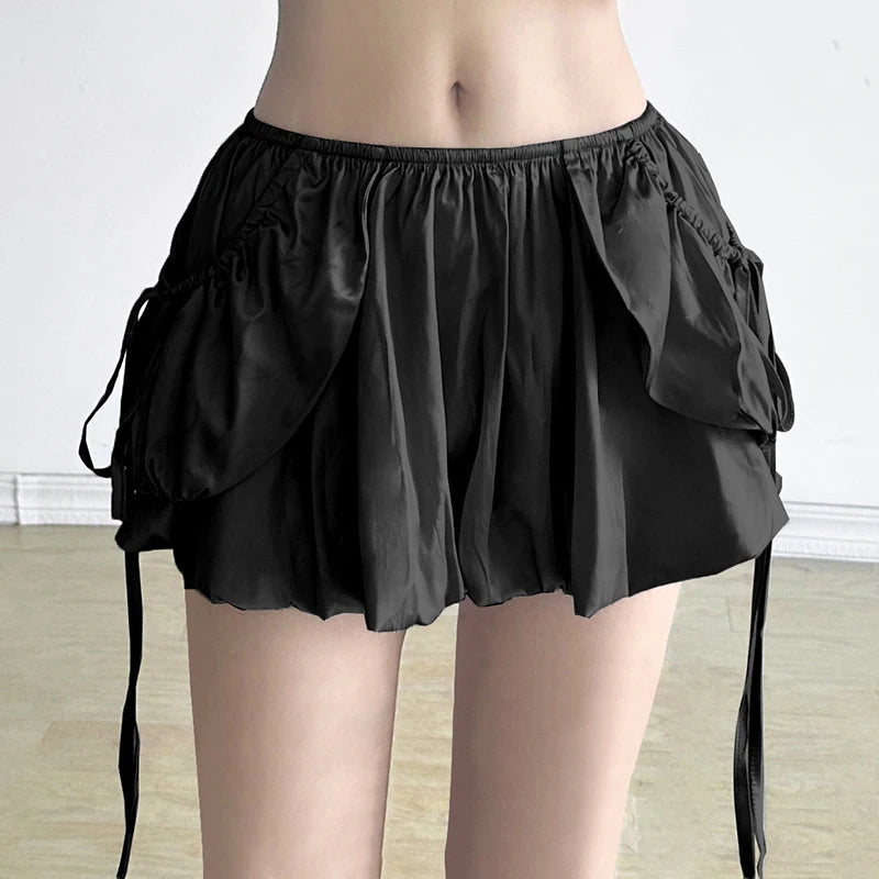 Aiertu  -  Y2K Sweet Cool Mini Bud Skirt Hottie Girls Low Waisted Fake Pocket Lacing Satin Bubble Half Skirt Fashion Casual Daily Wear Aiertu