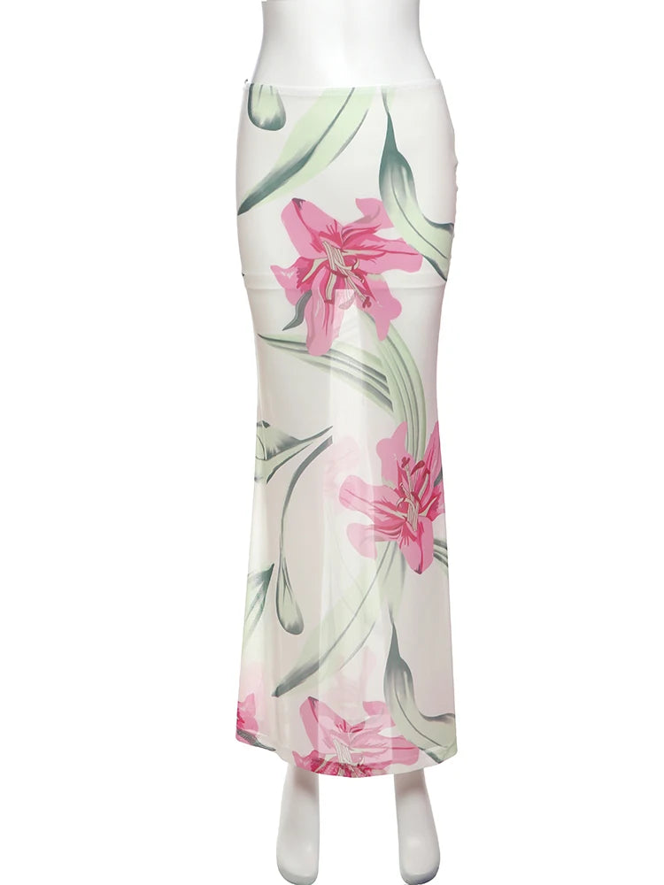 Aiertu  -  Vacation Pretty Women Two-Piece Set 3d Flowers Bandeau Mini Top+See Through Print Bottoms Beach Party Matching Suits Aiertu