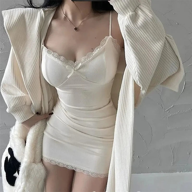 Aiertu Hot Girl Lace Suspender Dress for Women Spring and Summer with Breast Pads Sexy Slim Elegant Low Collar Bottoming Hip Skirt Aiertu